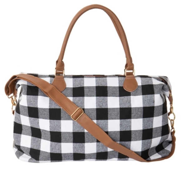 5⭐ Black & white buffalo plaid oversized weekender duffle bag vegan leather - Picture 5 of 6